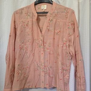 Fig & Flower Anthropologie Top Womens Large Pink Embroidered Floral Button Up